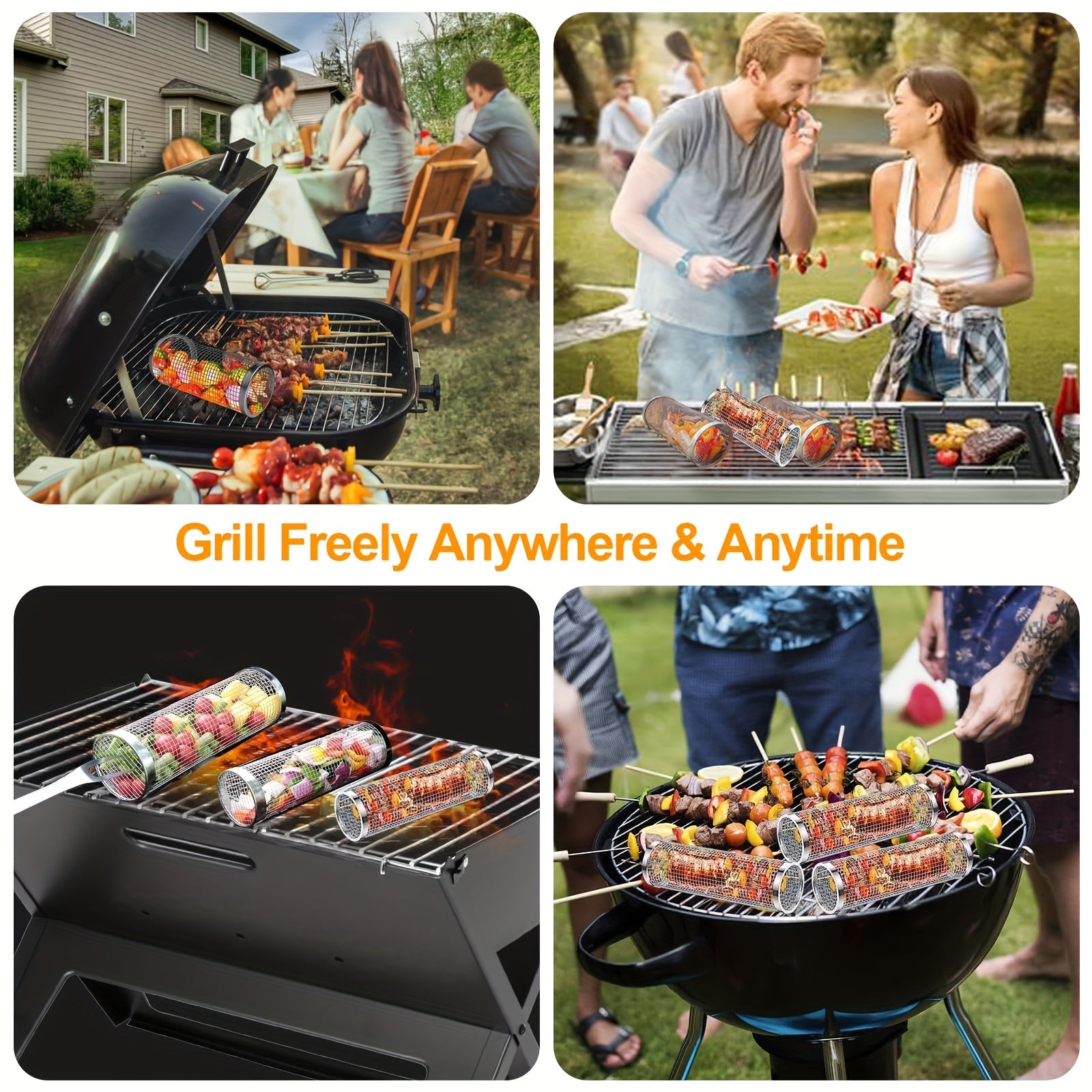 Large Stainless Steel Rolling Grilling Basket for Outdoor BBQ and Camping