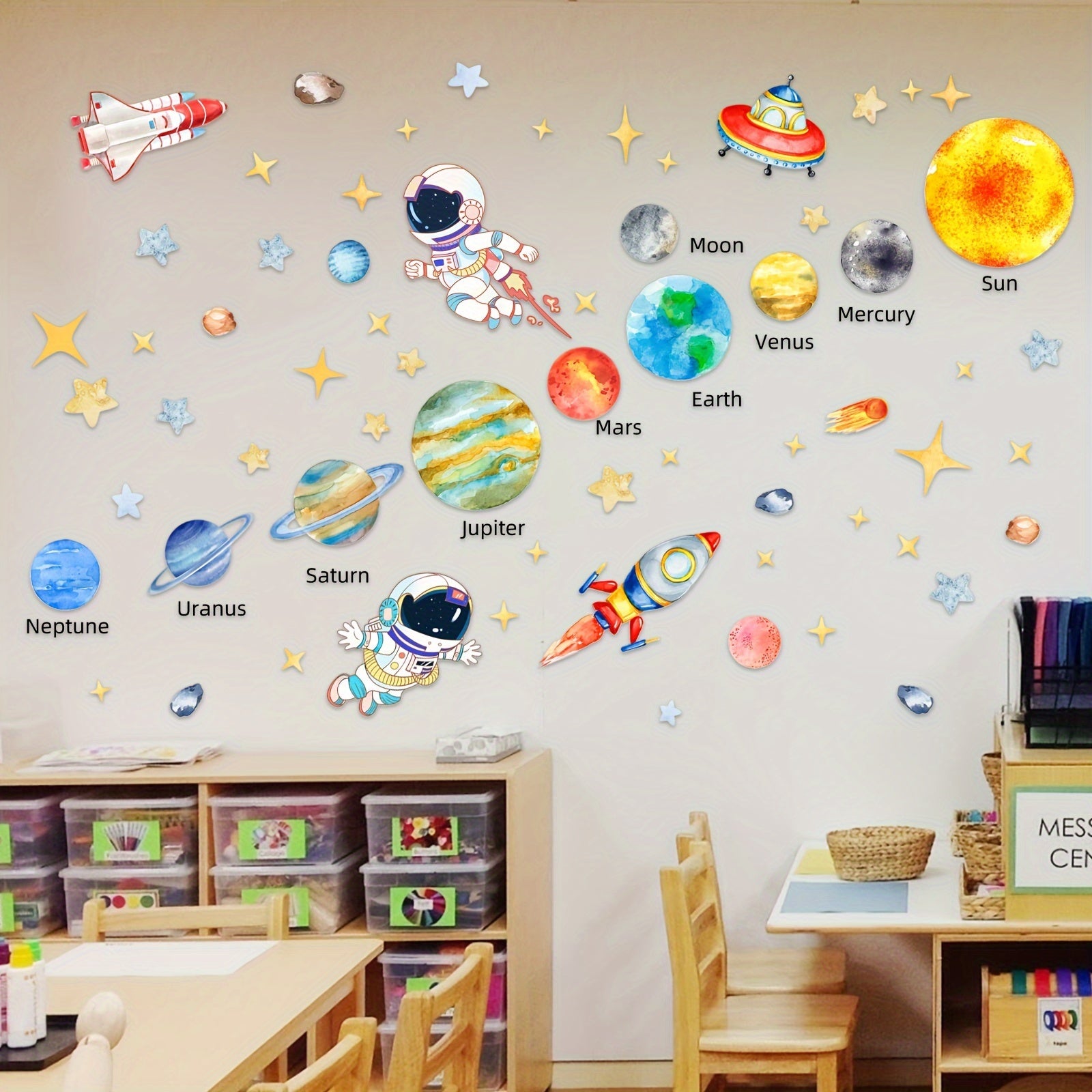 Space Themed Wall Decals Set with Astronauts Stars UFOs Planets and Spaceships 160x80cm