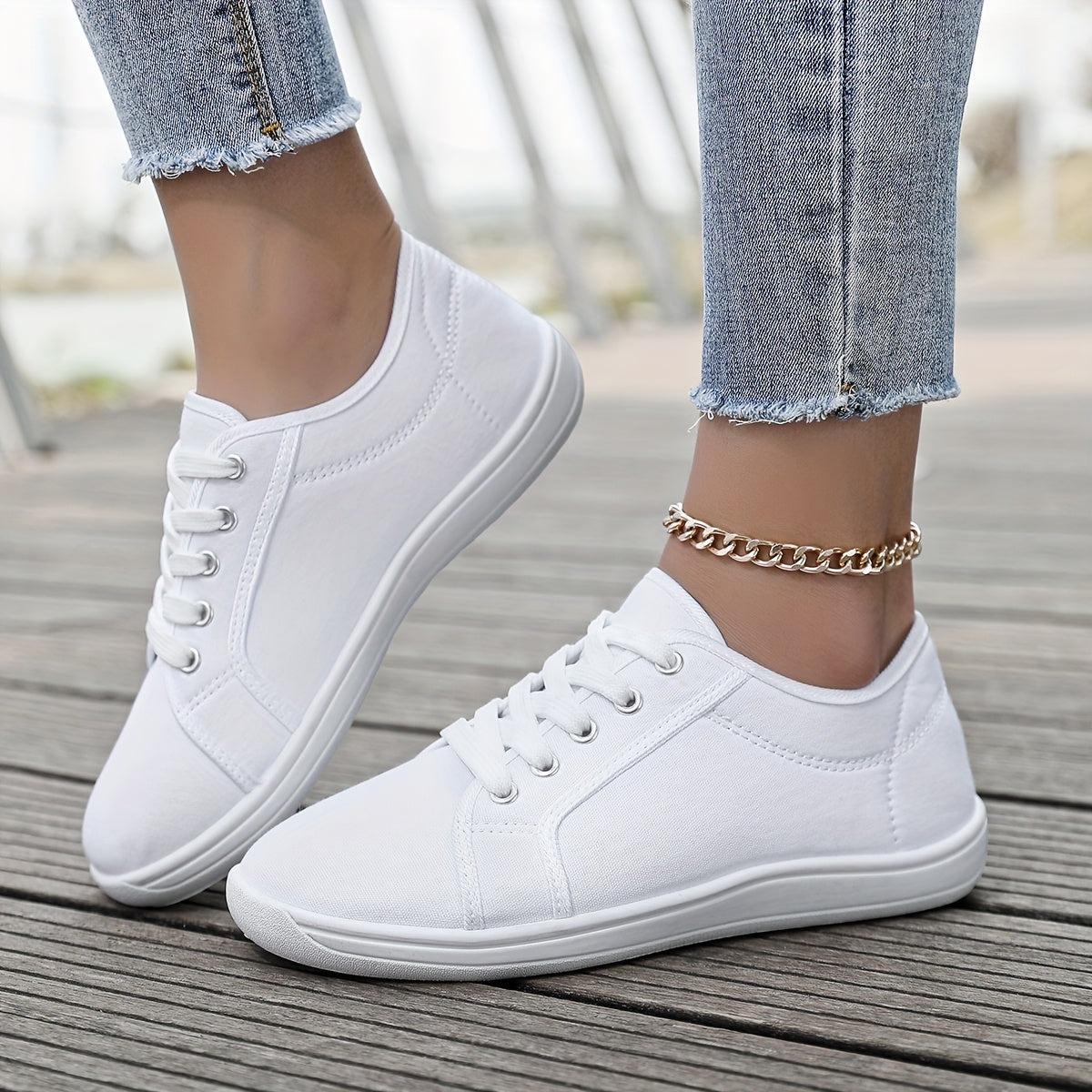 Women's Breathable Canvas Casual Sneakers Wide Width Lace-Up All-Season Black and White