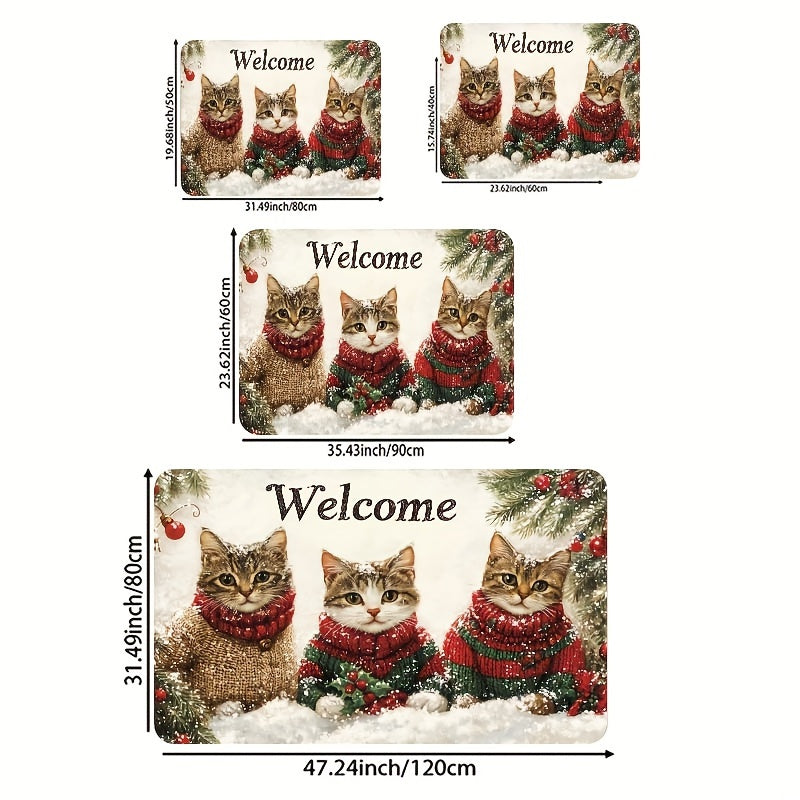 Festive 3 Cats Christmas Welcome Mat Indoor Doorway Rug Polyester Non-Slip