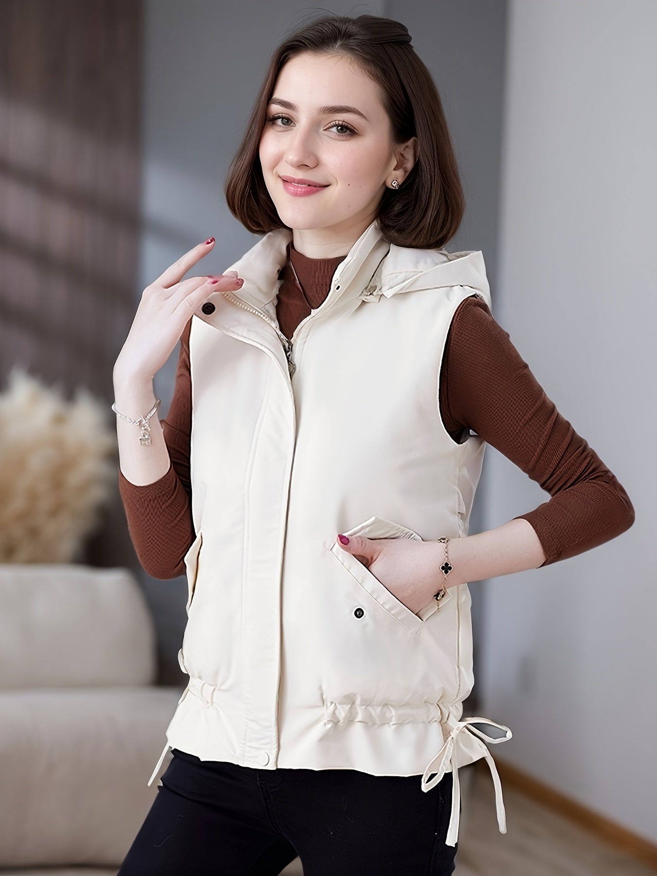 Women's Beige Hooded Puffer Vest Casual Warmth Polyester Lined
