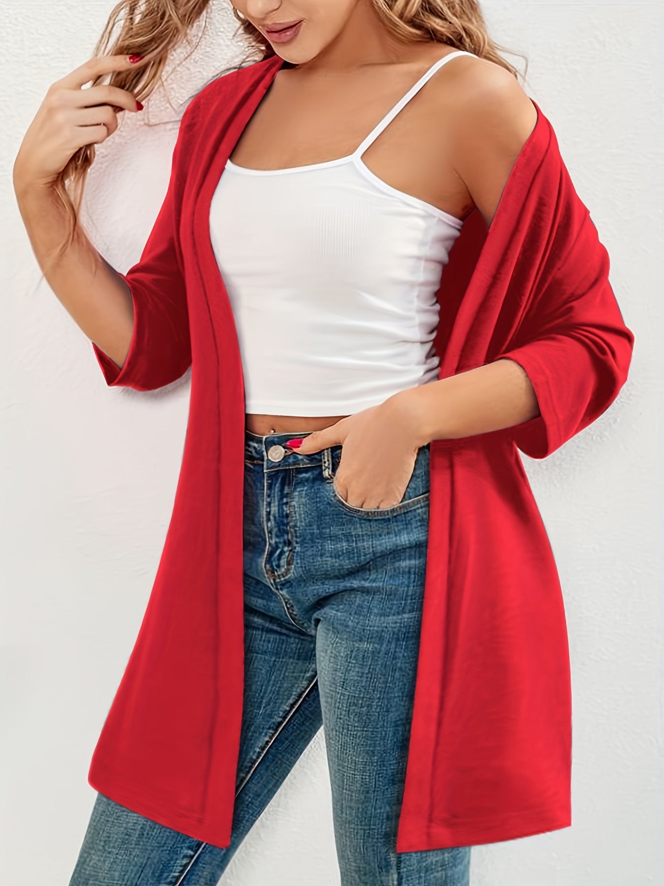 Plus Size Women's Cardigan Open Front Solid Color Half Sleeve Fall Winter