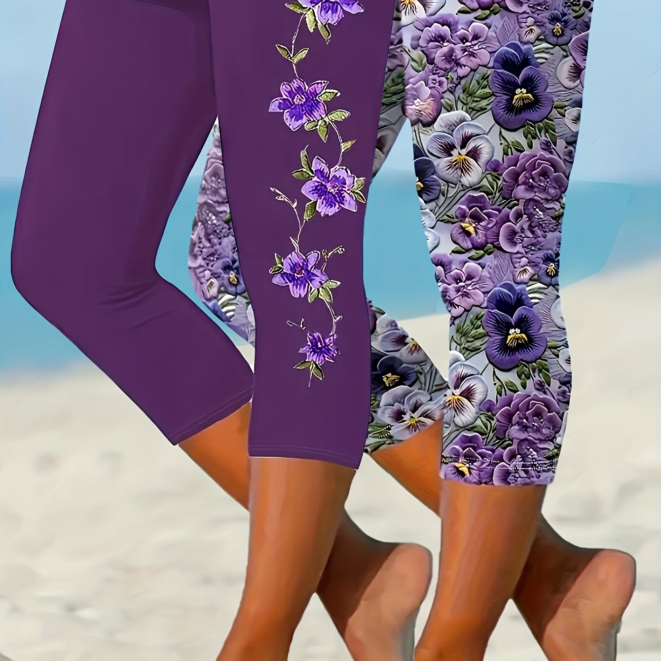 Leggings de mujer talla plus con capri, pack de 2, estampado floral, poliéster elástico con elastano