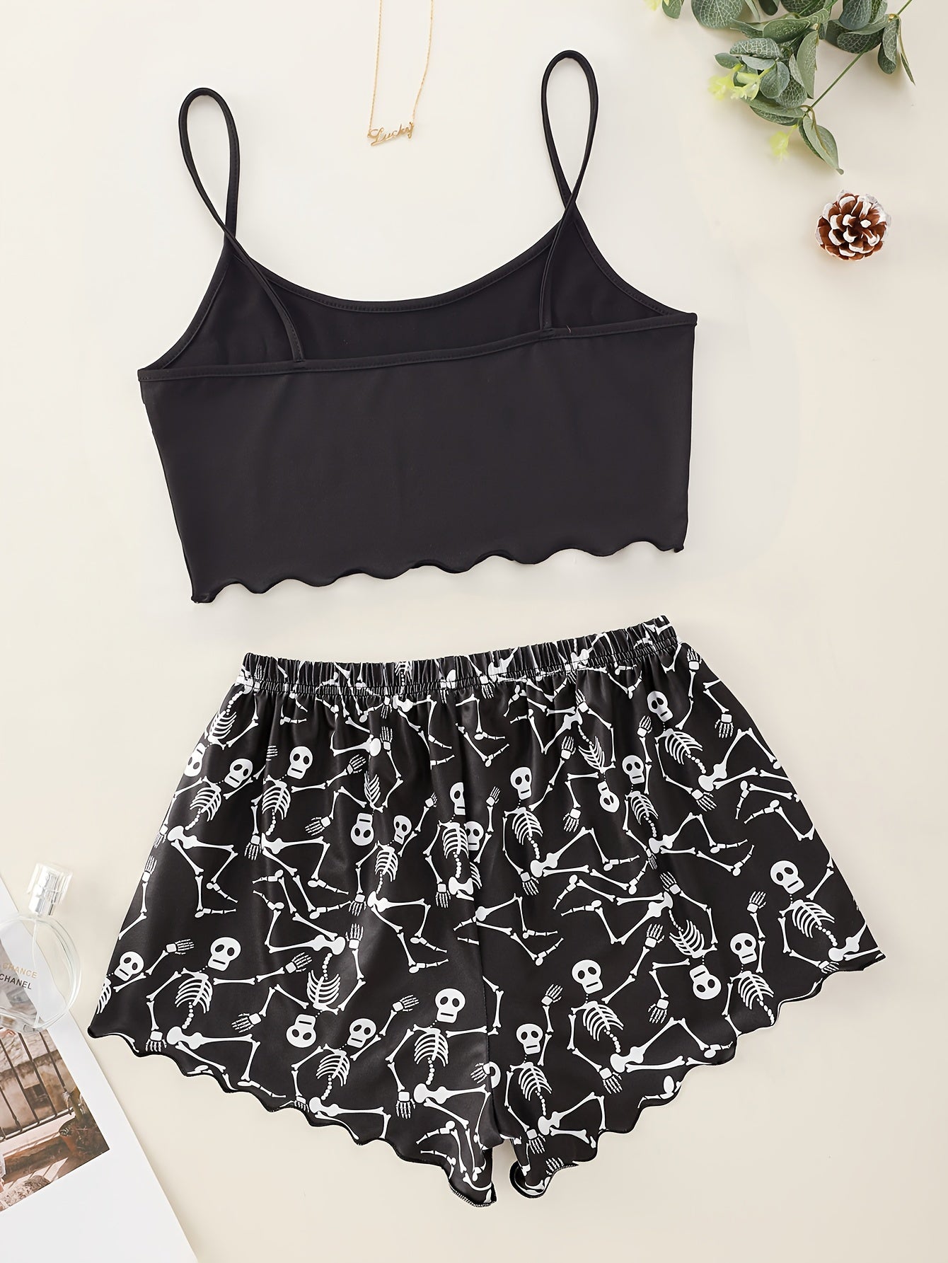 Adult Halloween Garter Top and Shorts Pajama Set Skull Palm Print Polyester
