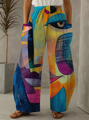 Women Wide Leg Palazzos 3D Print Polyester Casual Pants with Pockets