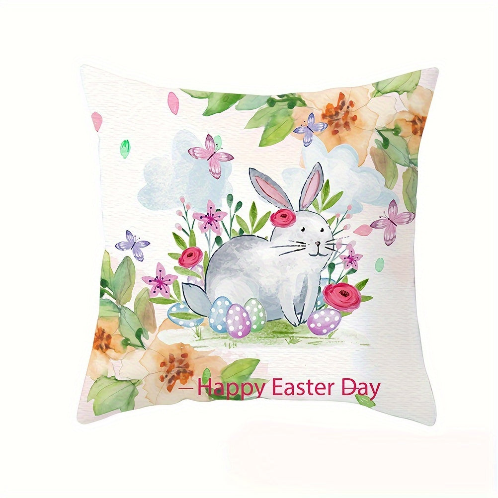 Easter Bunny and Eggs Pillow Cover Square 44cm Stain-Resistant Polyester Hidden Zipper Decor