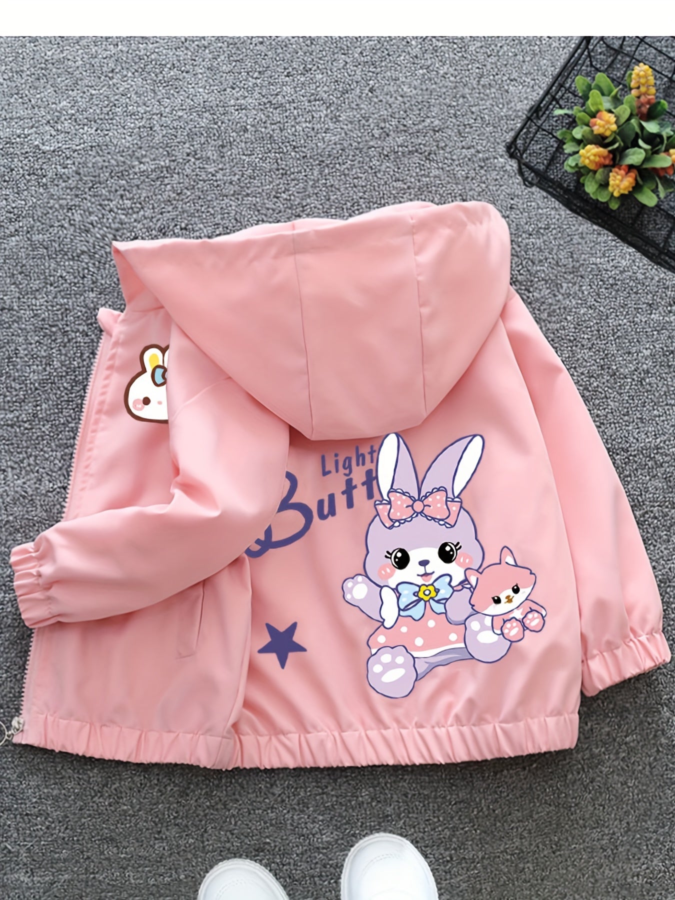 Girls' Bunny Print Zip-Up Hooded Windbreaker Jacket for Kids Spring Fall Casual Streetwear