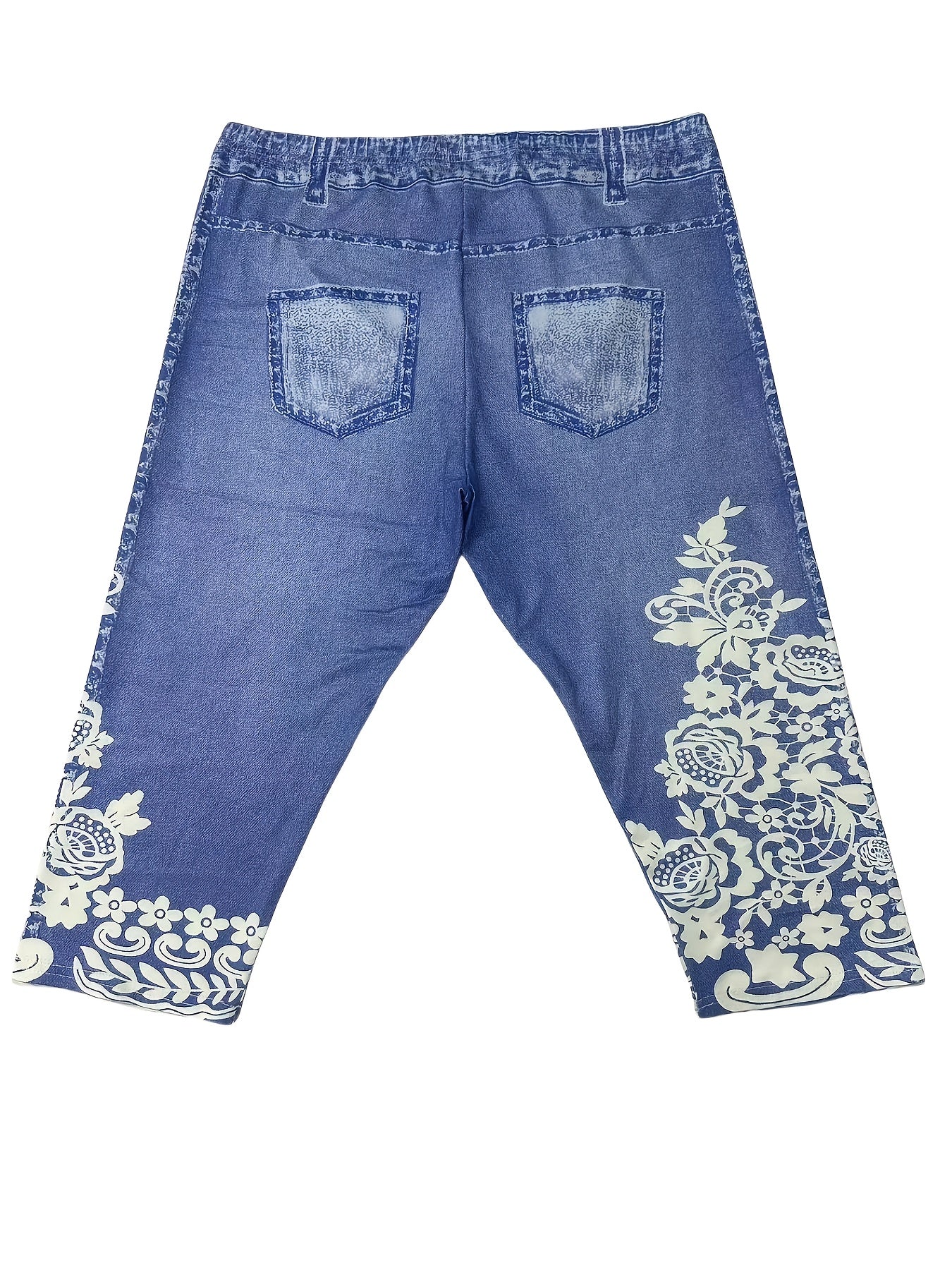 Women's Plus Size Denim Printed Capri Pants Two-Piece Set