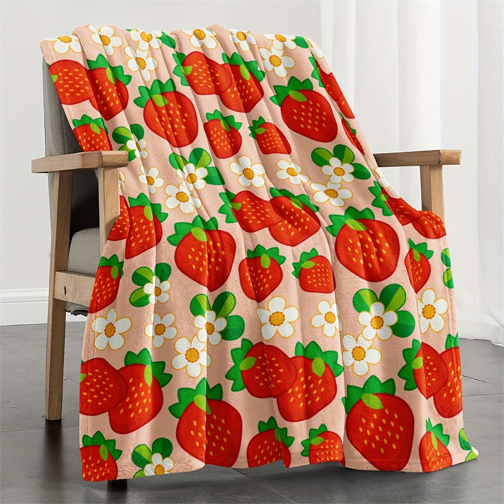 All-Season Microfiber Throw Blanket with Strawberry and Flower Pattern for Women