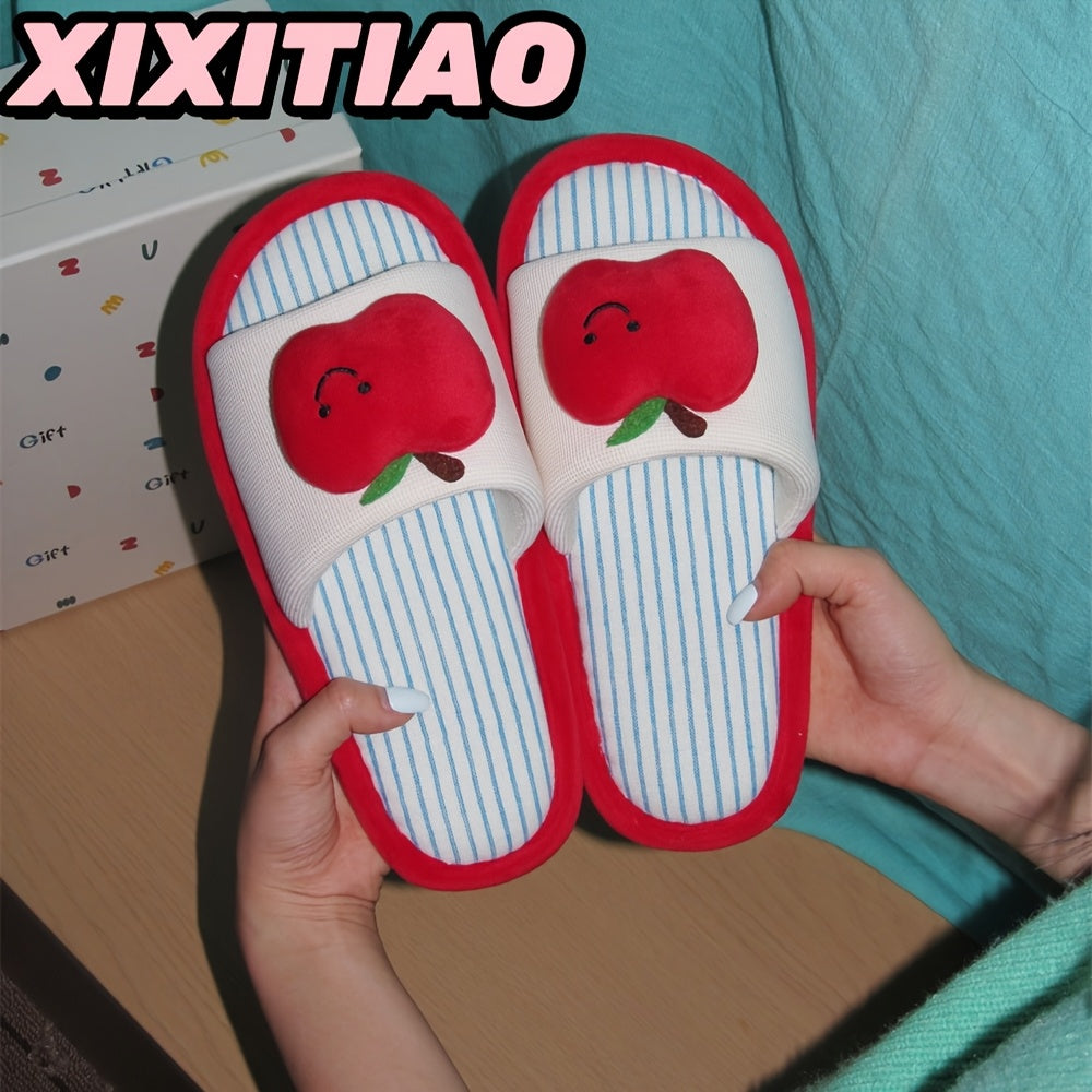 Women Soft Slippers Breathable Fabric Apple Design Indoor Footwear