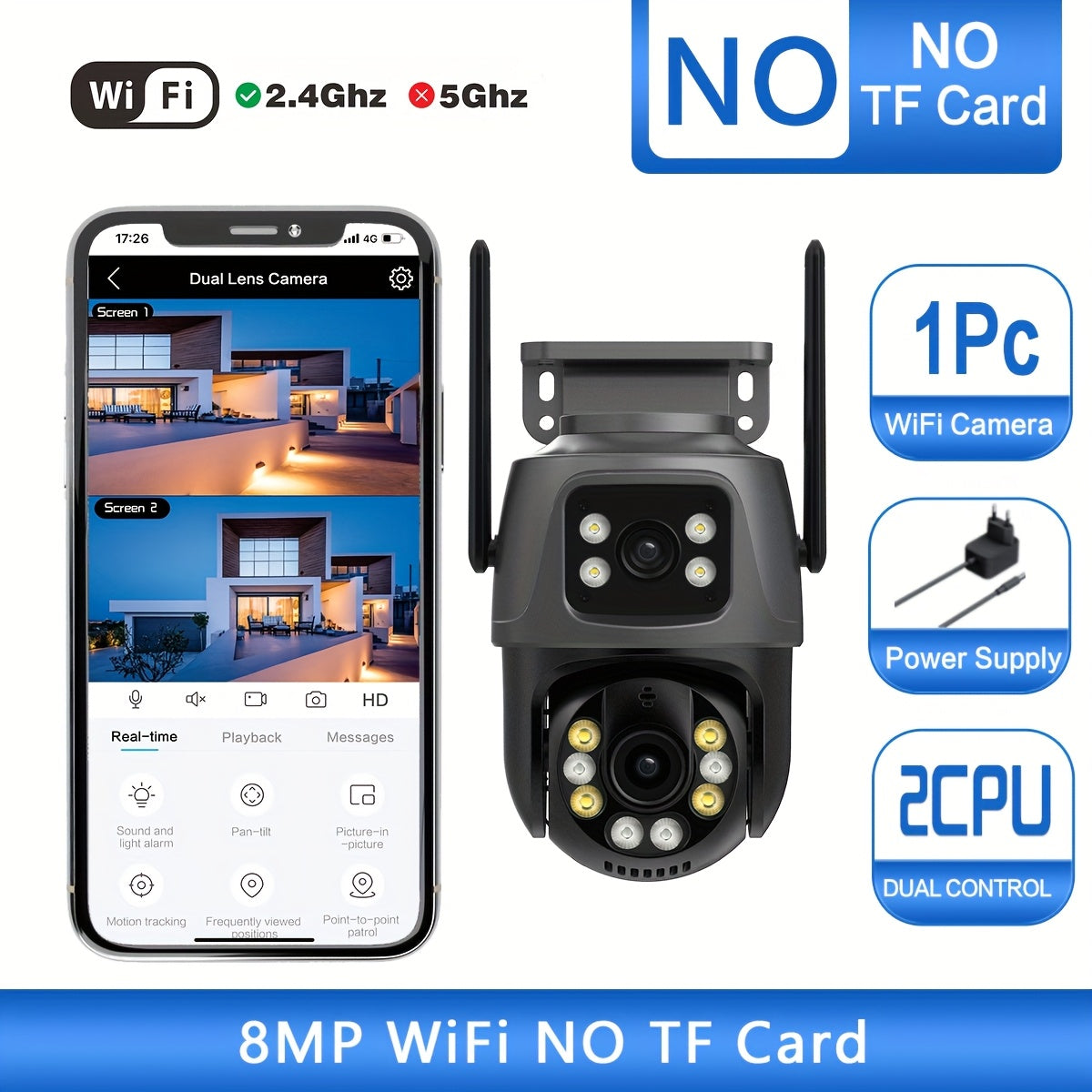 ANSCHIAT Tashqi Xavfsizlik Kamerasi 2 ta juft 4MP linzalari, WiFi ulanishi, harakatni aniqlash, 360° aylanish, ikki tomonlama aloqa, to'liq rangli tungi ko'rish va saqlash mosligi bilan. Yevropa Ittifoqi