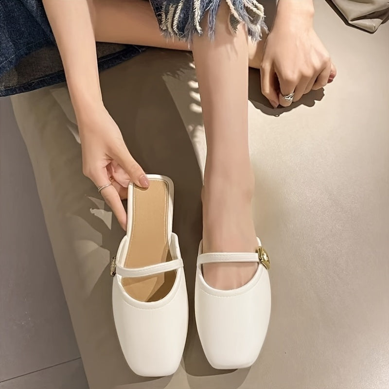 Women Square Toe Mules with Adjustable Strap Soft Sole Slip-On Casual Shoes