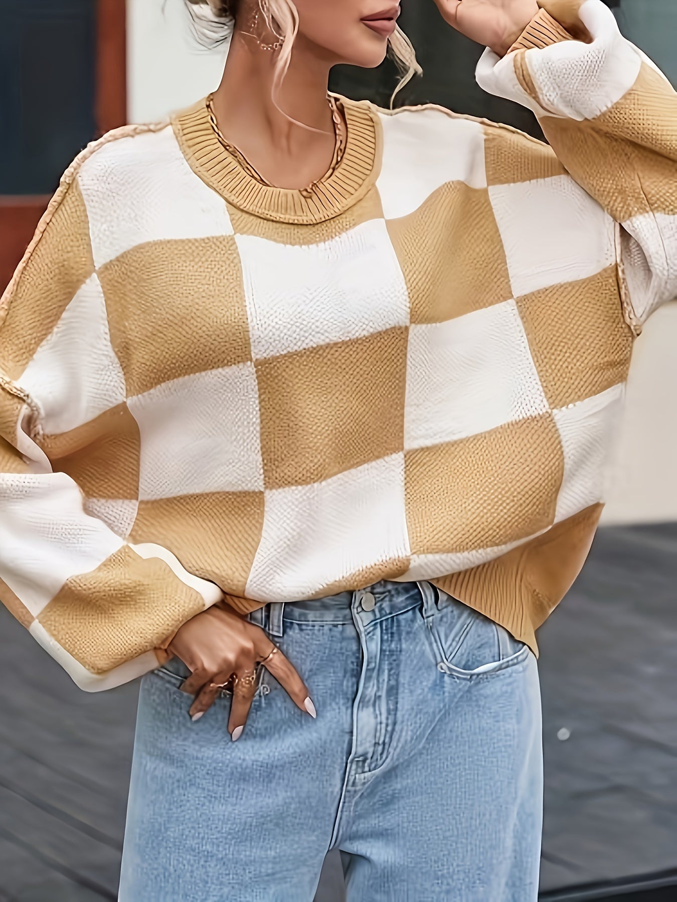 Women's Plaid Wool Sweater Round Neck Casual Warm Pullover