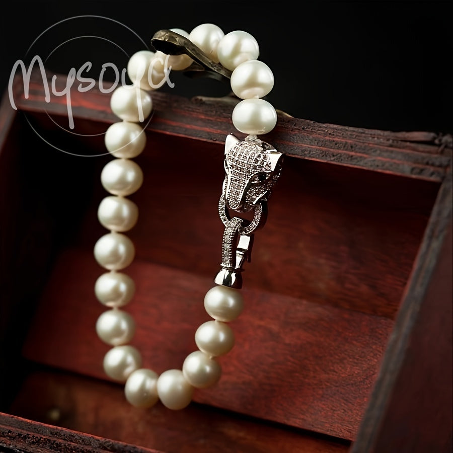 Unisex Pearl Jewelry Set with Leopard Head Clasp and 8-9mm Freshwater Pearls