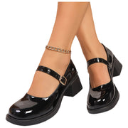 Women's Black Glossy Mary Jane Block Heel Pumps with Gold Chain Ankle Strap