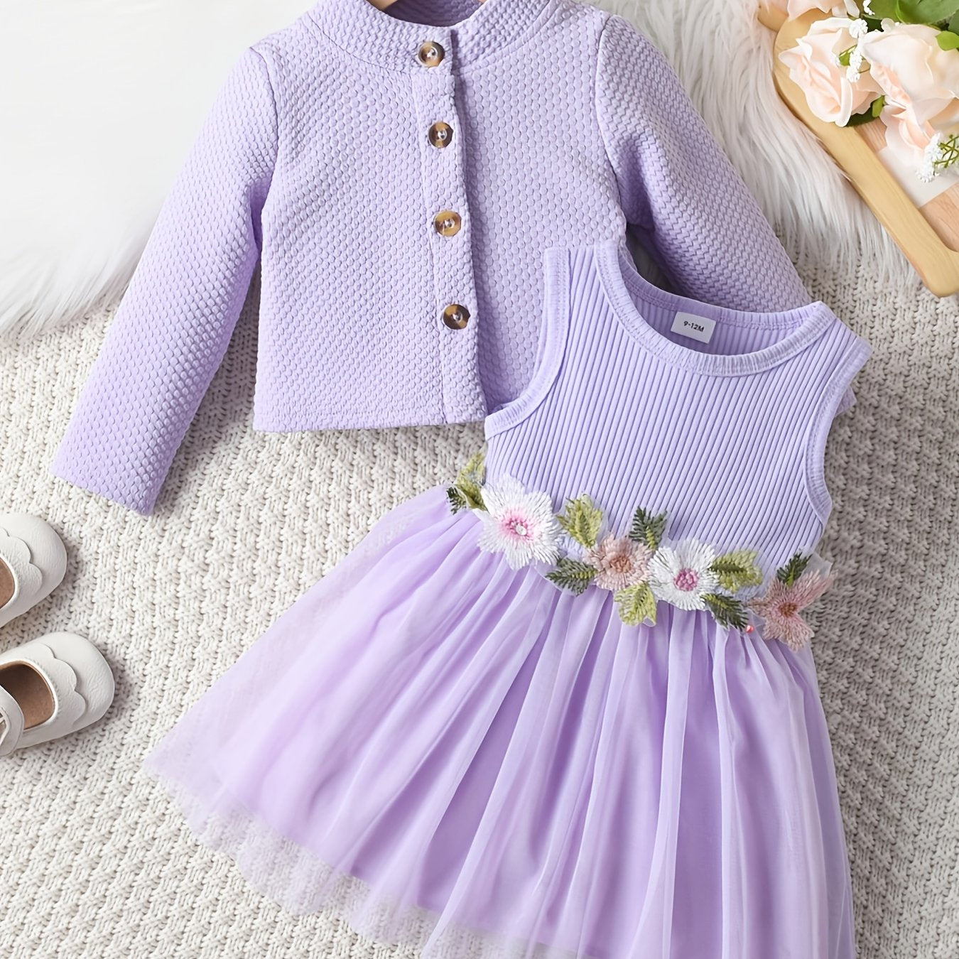 Girls Floral Dress Set with Long Sleeve Jacket and Bubble Skirt for Spring Fall