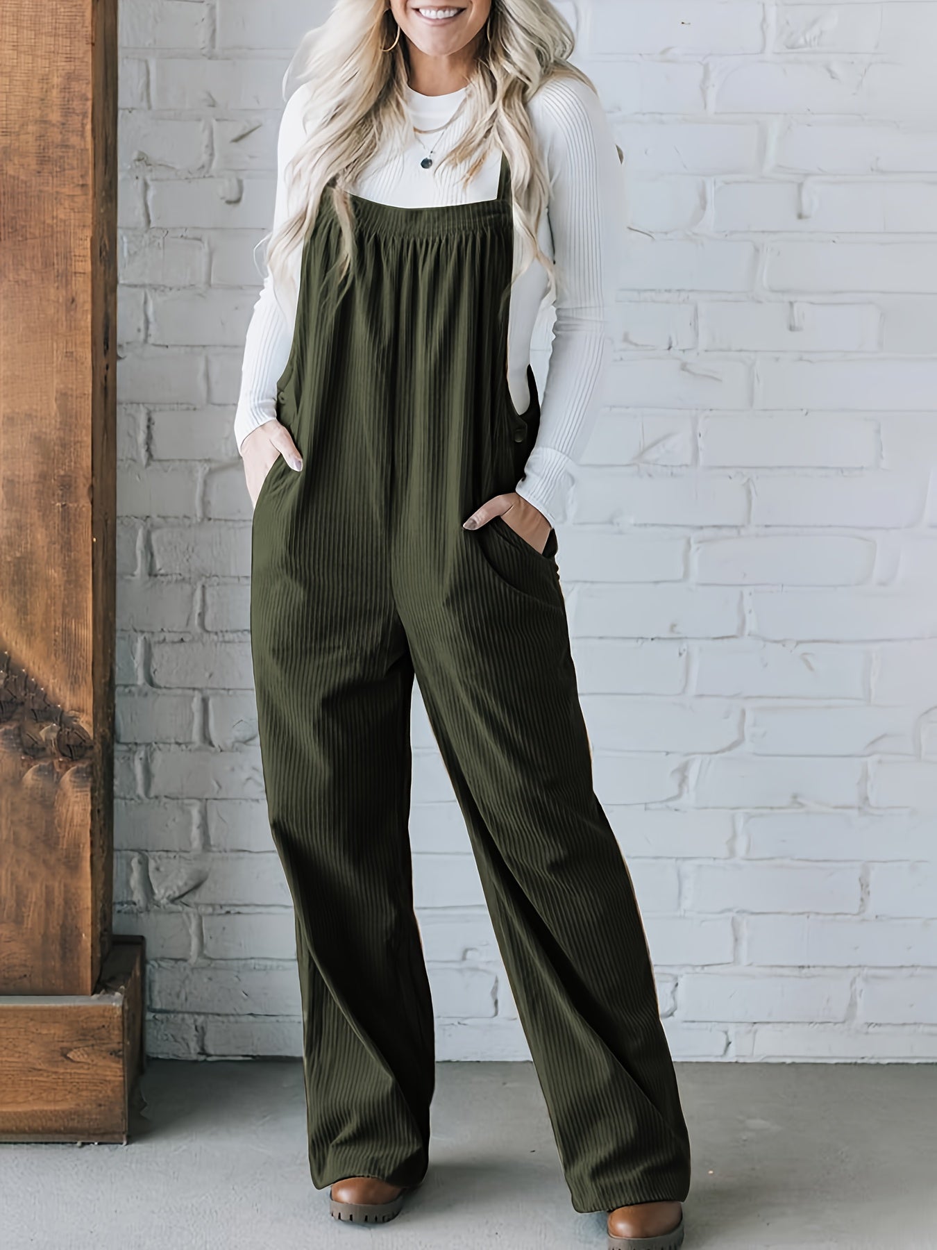 Plus Size Corduroy Overalls Jumpsuit with Pockets for Women Polyester Fall Winter