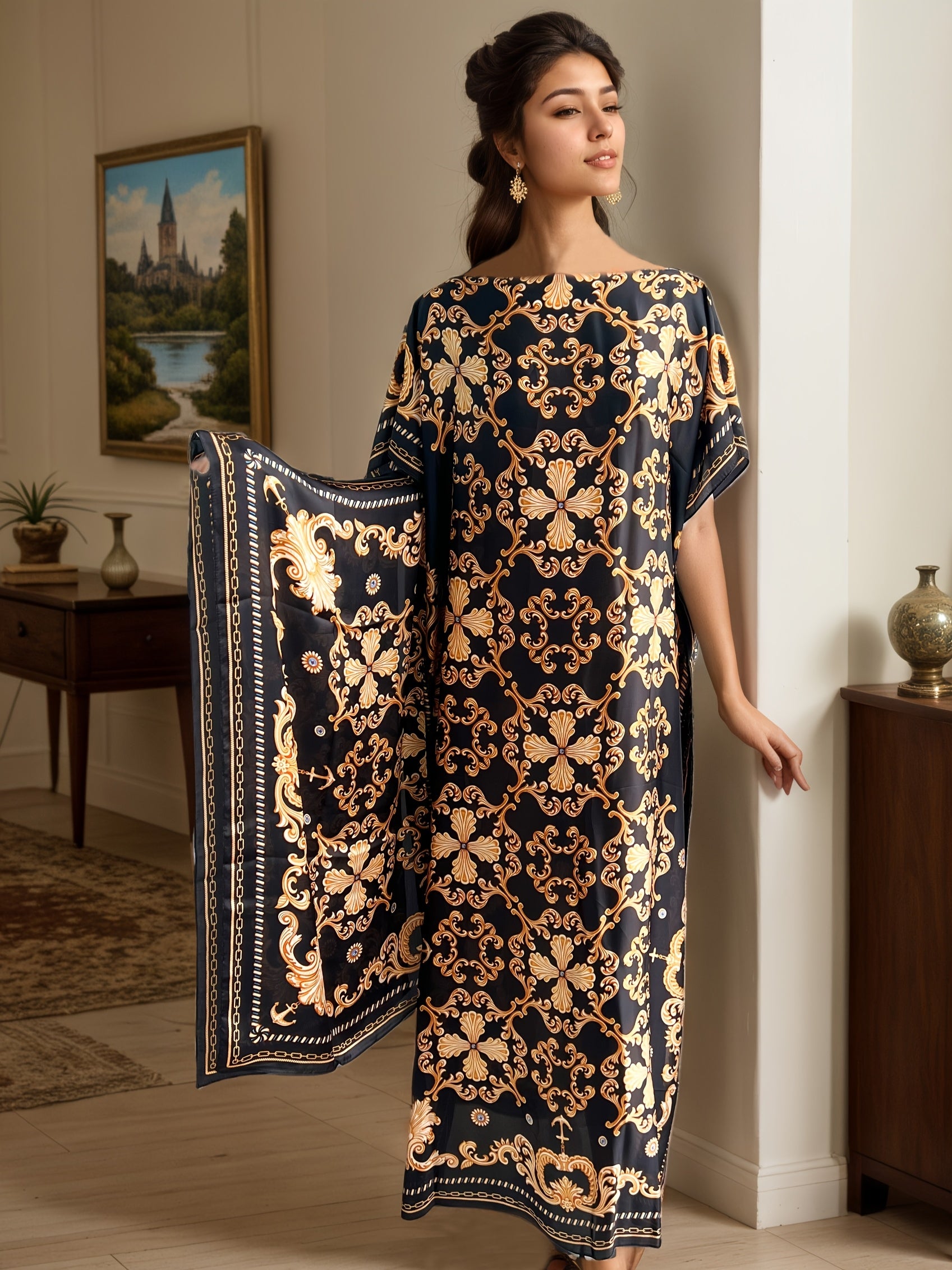 Women's Plus Size Printed Maxi Dress with Scarf, Baroque Design