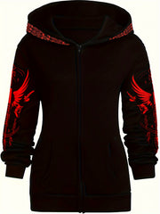Women's Black Gothic Print Zip-Up Hoodie Long Sleeve All-Season Sweater