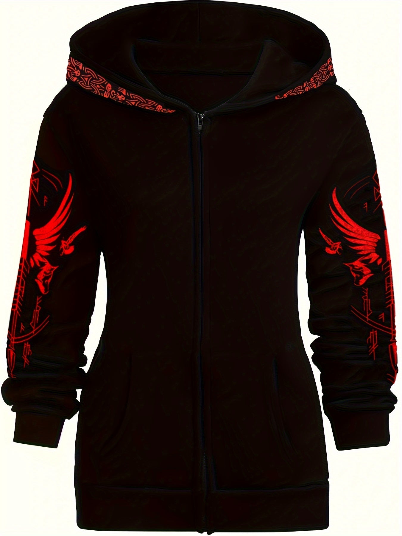 Women's Black Gothic Print Zip-Up Hoodie Long Sleeve All-Season Sweater