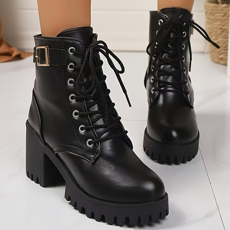 Women's Ankle Boots Black PU Platform Lace-Up High Heels Durable Sole