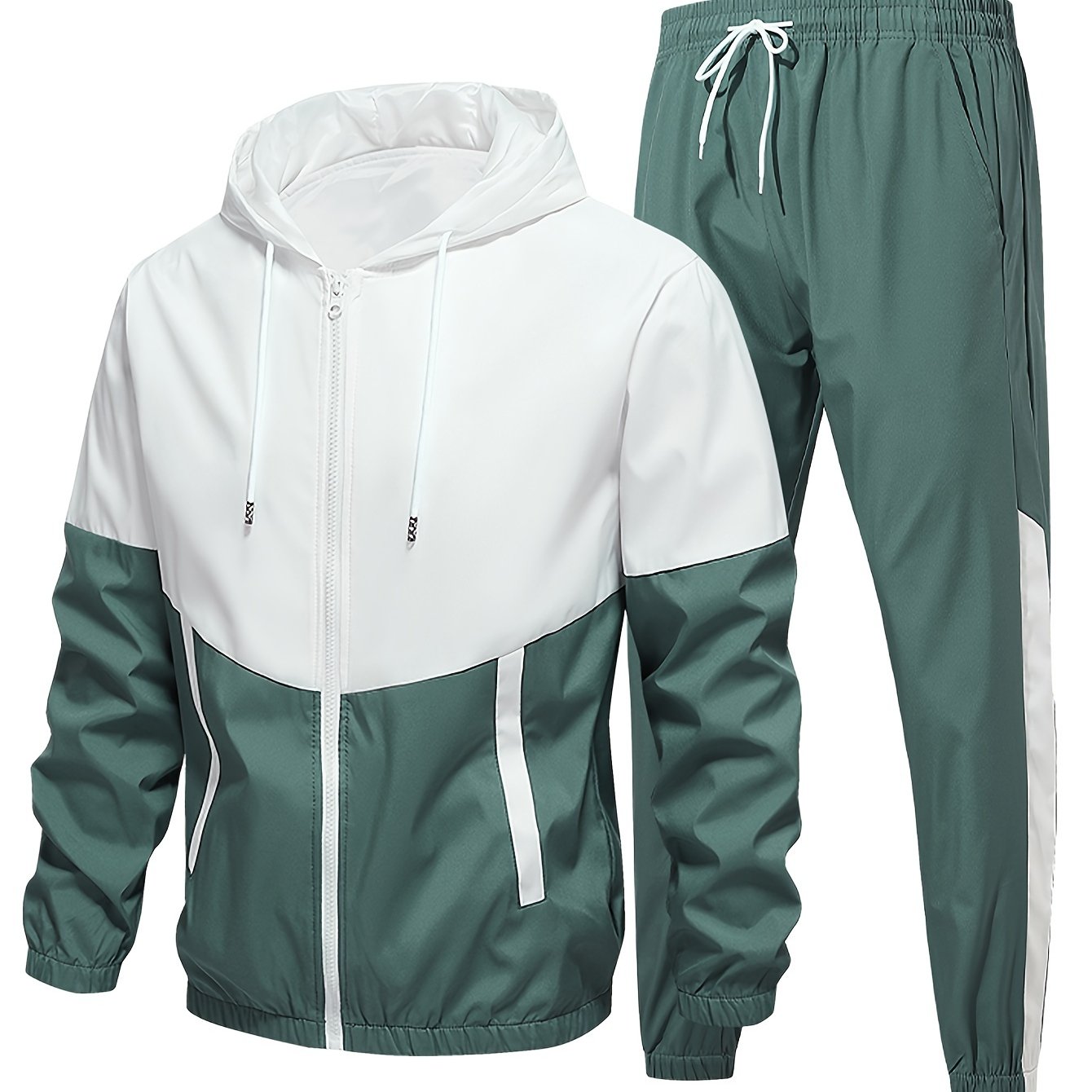 Yoz, kuz va qish mavsumi uchun kapüşonli kurtka, shortlar va shimlardan iborat erkaklar sport tasodifiy kostyumi, rang blokirovkasi bilan juft uslubida.