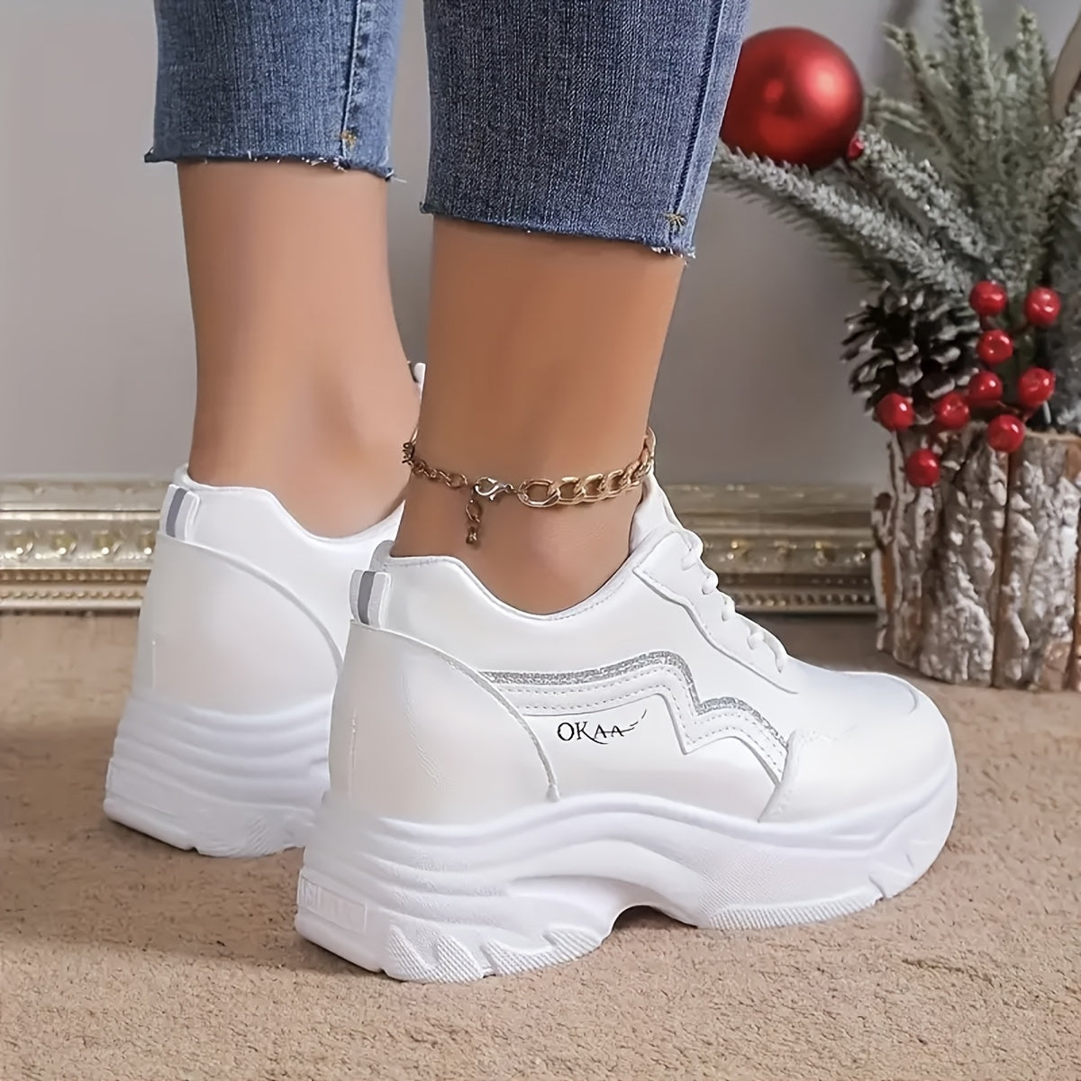 Women's Breathable Mesh Chunky Dad Sneakers White Low-Top Casual Athletic