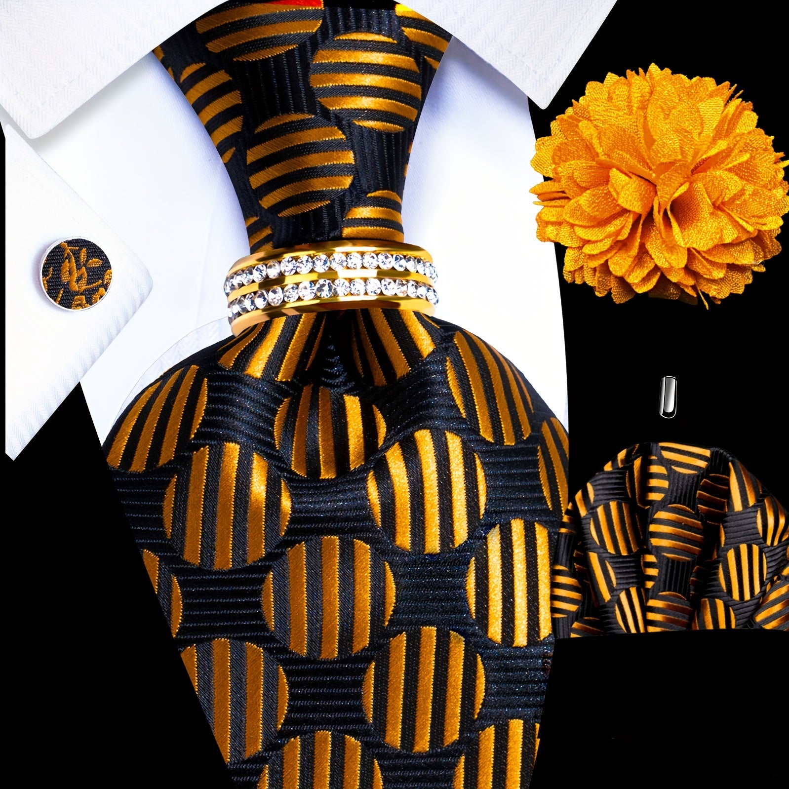 Men's Formal Tie Set with Pocket Square Cufflinks Tie Clip Lapel Pin and Ring for Weddings and Occasions