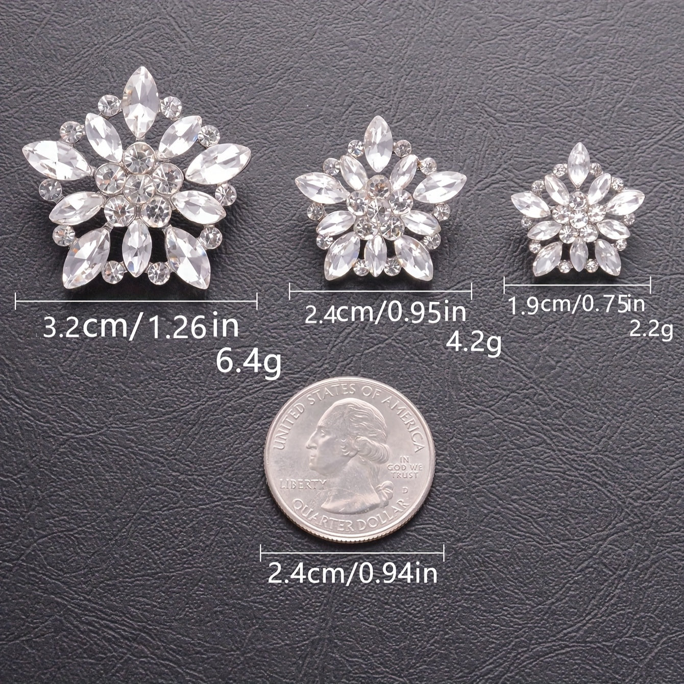 Crystal-Encrusted Metal Buttons Set of 3 or 5 for Clothing, Crafts, Gift Wrapping