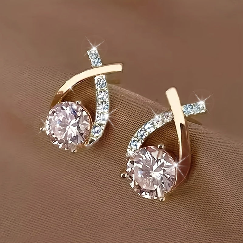 Women's Gold Tone Cross Stud Earrings with Cubic Zirconia