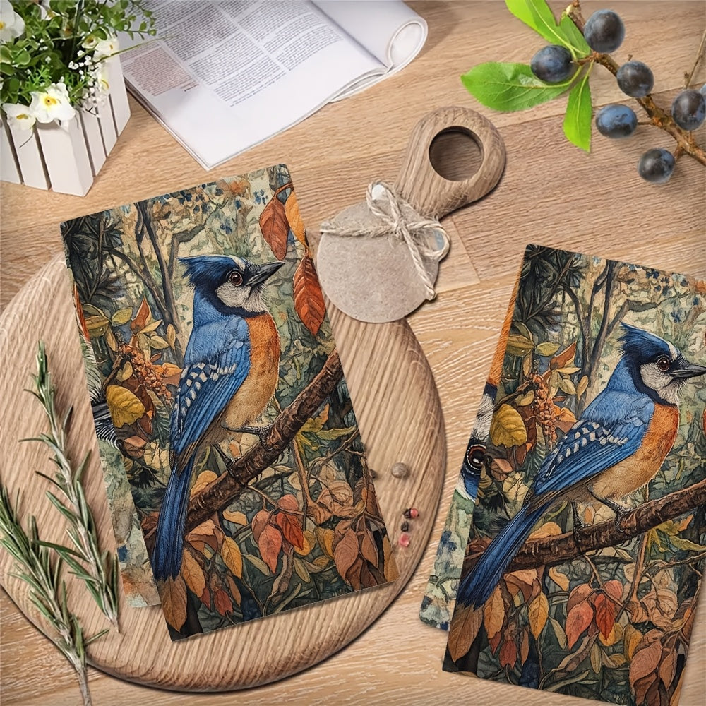 Set of 2 Coastal Blue Jay Kitchen Towels 40x60cm Super Absorbent Machine Washable
