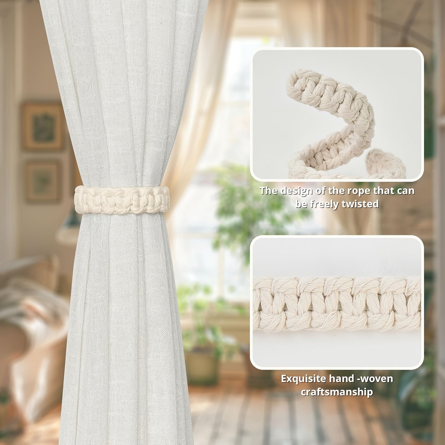 Cortina de cuerda trenzada bohemia para decoración del hogar, sujeta una sola cortina lisa