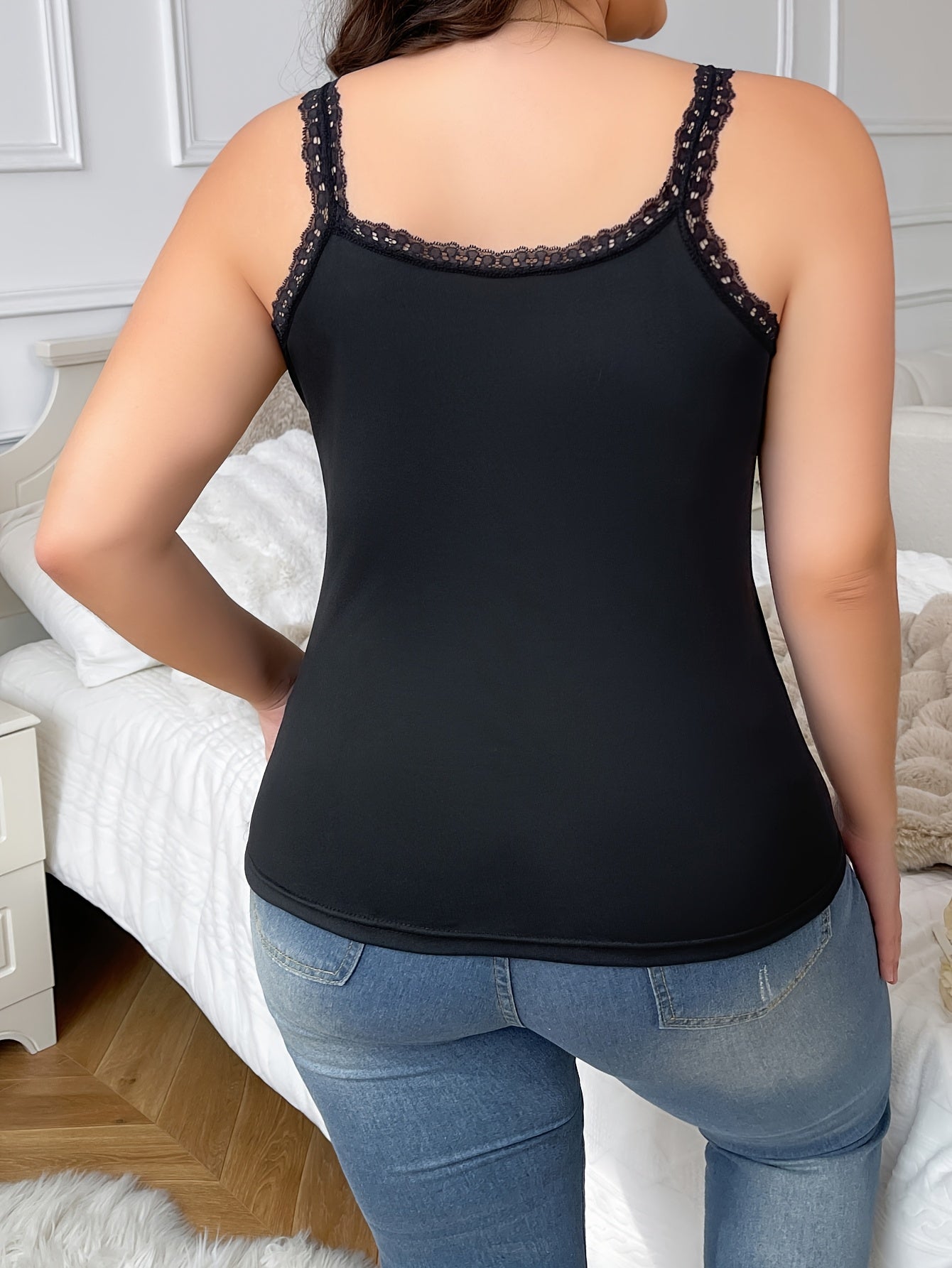 Plus-Size Lace Trim Camisoles Set for Women, Sleepwear, Loungewear, All Seasons