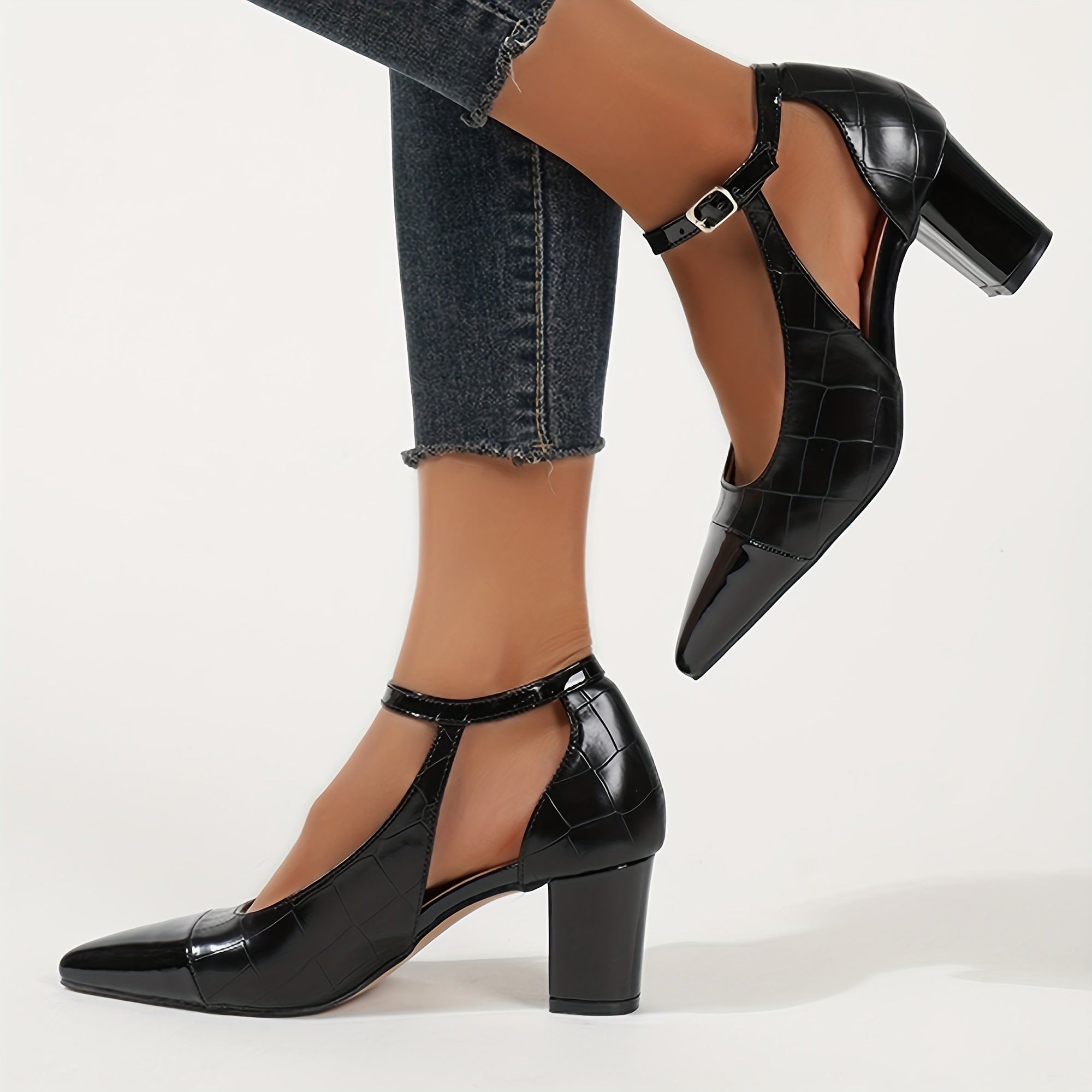 Women's Pointed Toe Chunky Heel Pumps with Ankle Strap Brown