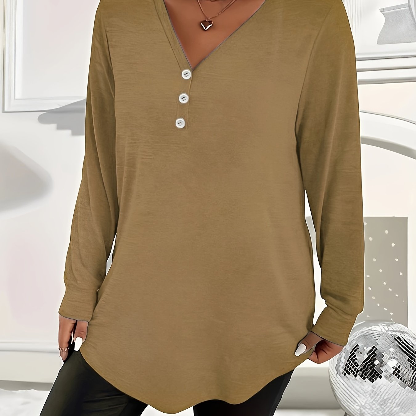 Women's Plus Size V-Neck Long Sleeve Top Polyester Knit Solid Color Fall Winter