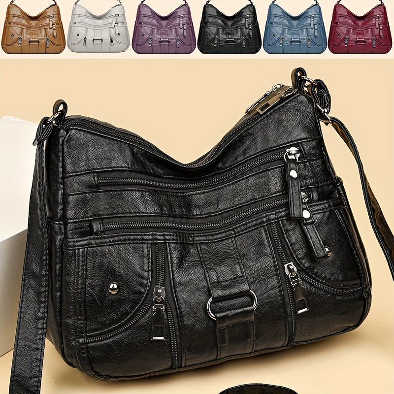 Women's Synthetic Leather Crossbody Bag with Anti-Theft Zipper and Adjustable Strap