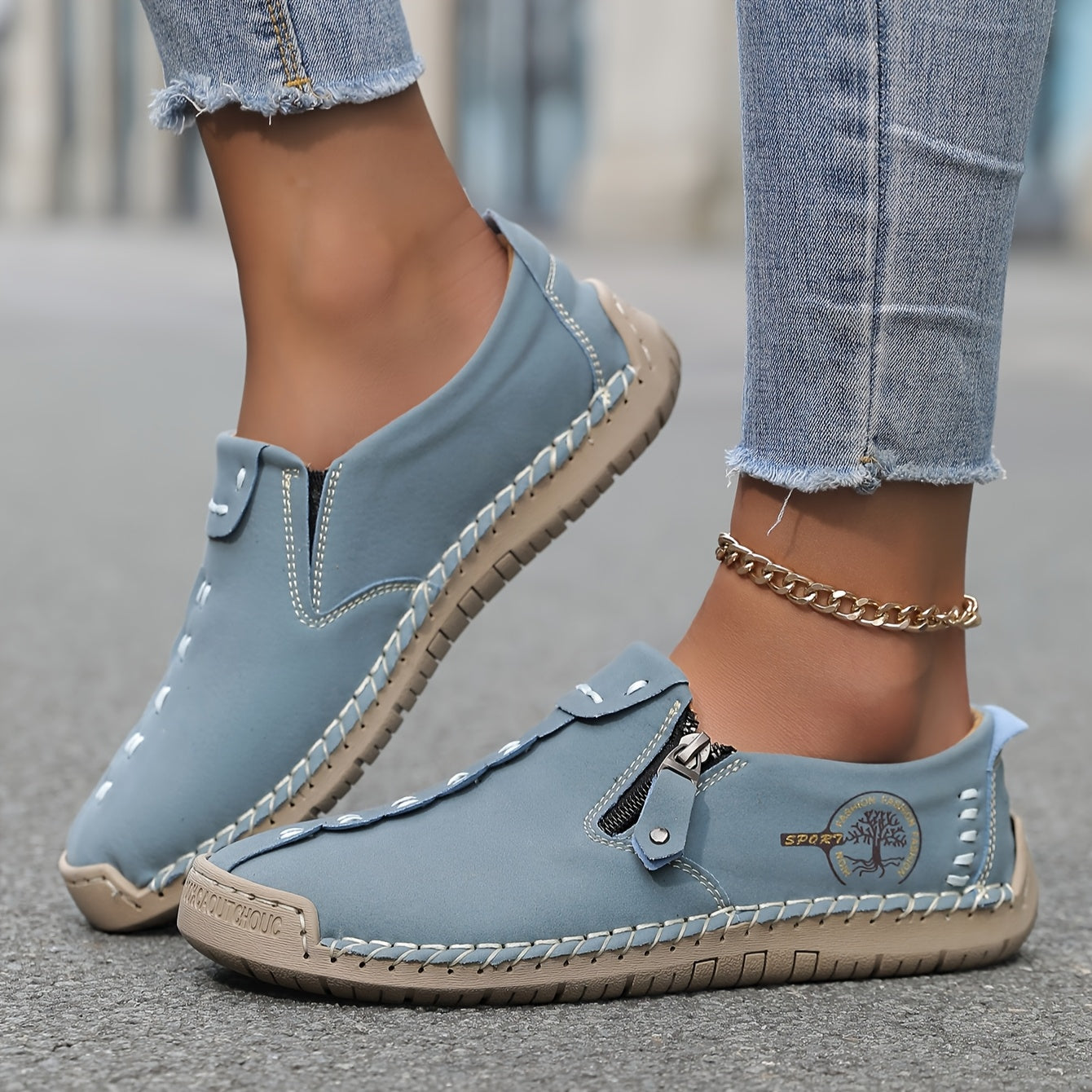 Women's Faux Leather Loafers with Elastic Panels Non-Slip Rubber Sole