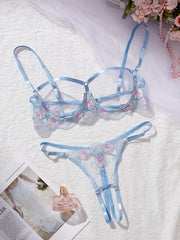 Women's Floral Embroidered Mesh Lingerie Set with Cupless Bra and Crotchless Thong