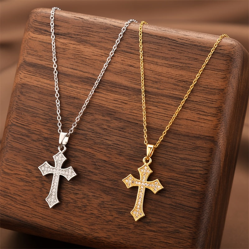 Unisex 18K Gold Plated Titanium Steel Cross Pendant Necklace Rhinestones Adjustable Clavicle Chain