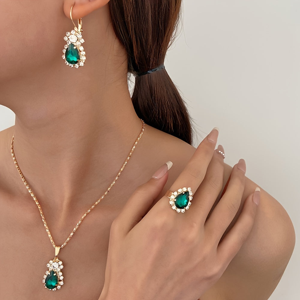 Women’s Alloy Jewelry Set with Teardrop Pendant Earrings and Ring for Daily Wear