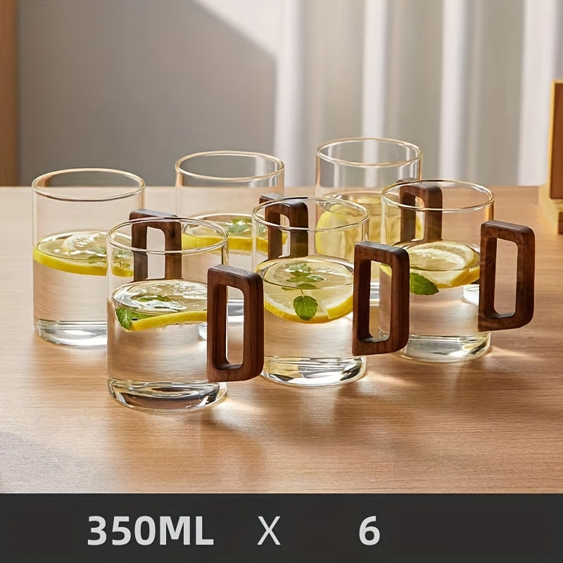 2/6 High Borosilicate Glass Water Cups with Smoke Green Wooden Handles and Black Walnut Tea Set