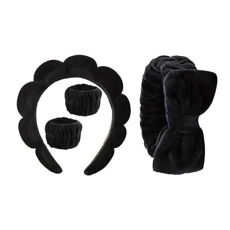 Set of 4 Women's Skincare and Hair Accessories Including Bow Headband Spa Head Hoop and Wristbands
