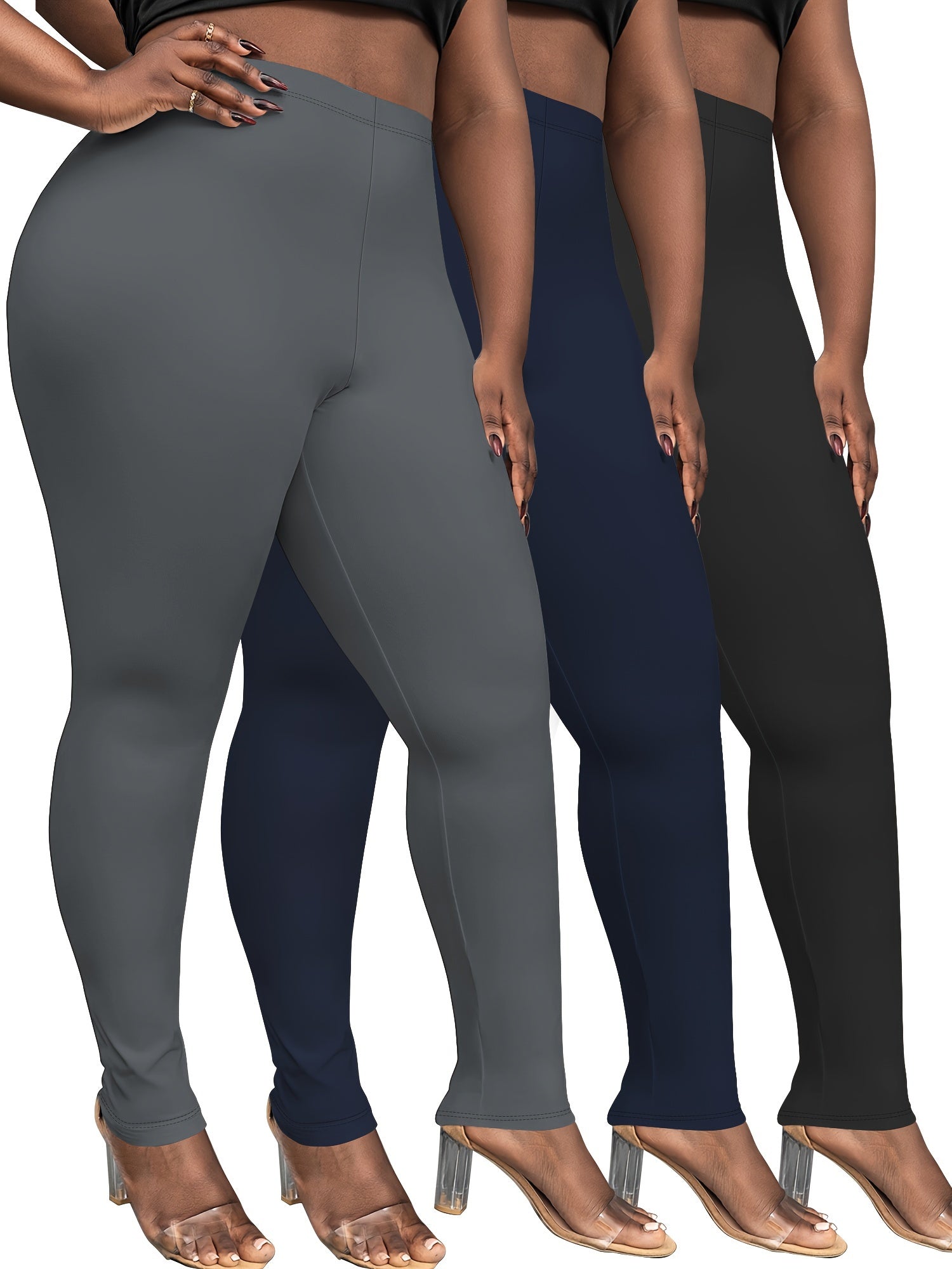 Plus Size Cropped Leggings 3-Pack High Stretch Knit Black Solid Skinny Pants