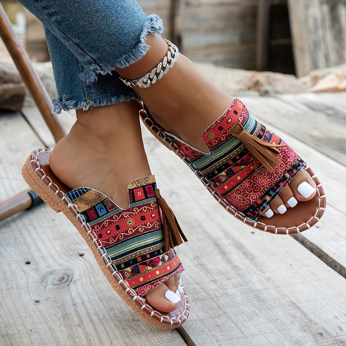 Ayollar uchun Bohemiya slip-on sandallari, yengil, nafas oladigan, etnik naqsh