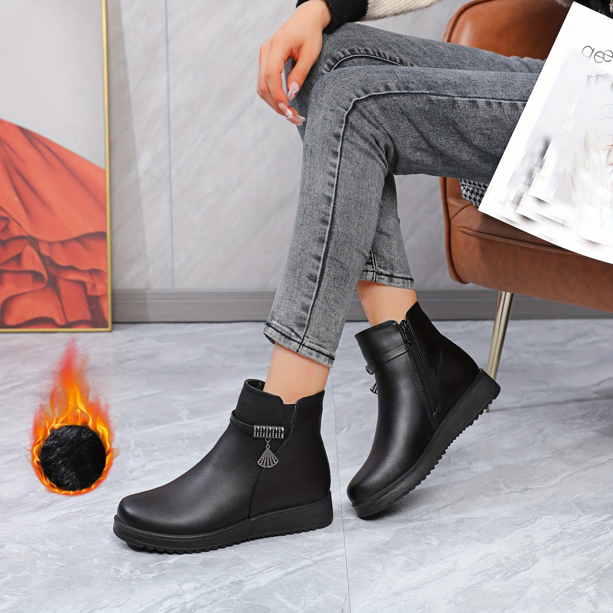 Women's Warm Furry Lined Winter Boots with Zipper and Thick PU Sole