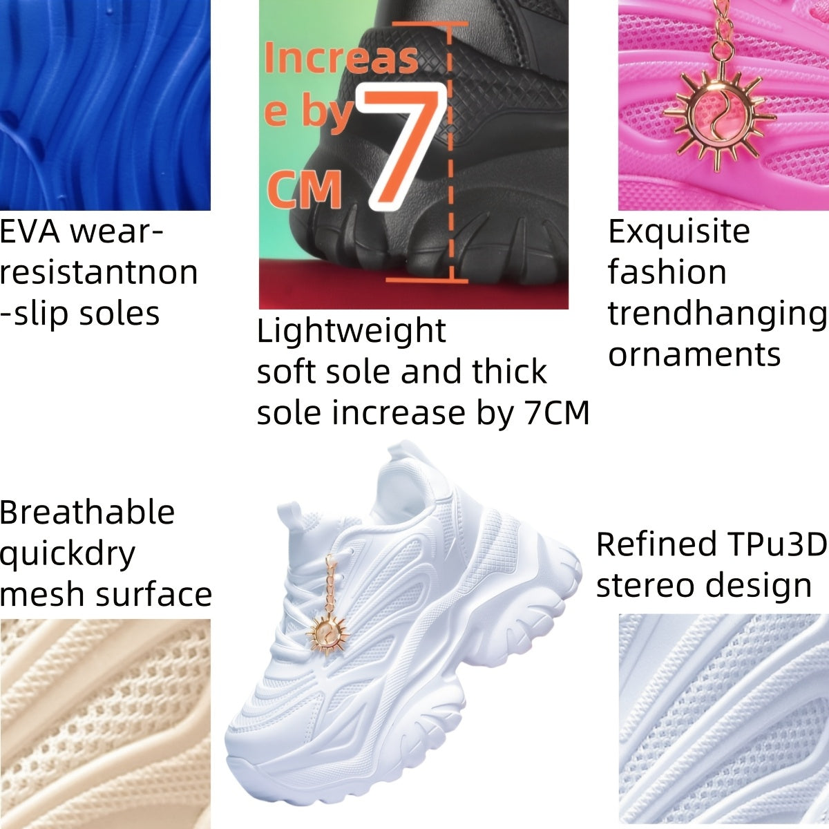 Модные женские кроссовки с дышащей сеткой, EVA подошвой, нескользящей платформой на каблуке, увеличением роста на 6 см и верхом и внутренней частью из однотонной ткани.