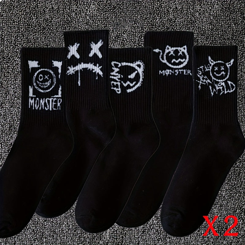 Men's Black and White Graffiti Pattern Crew Socks 5 Pairs Breathable Comfortable All Seasons