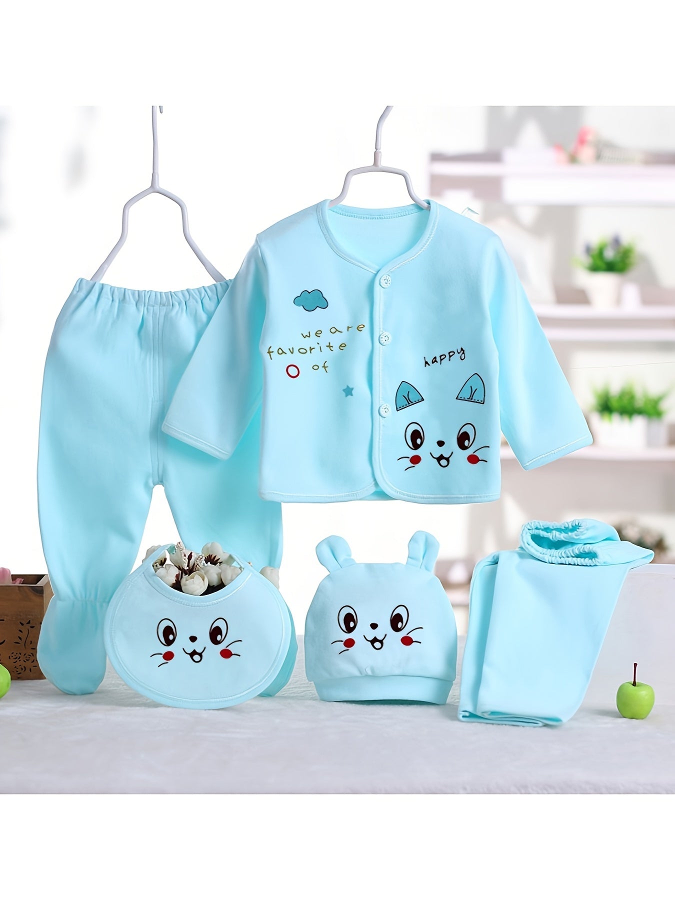 Newborn Cotton 5-Piece Clothing Set with Bib Underwear and Bag