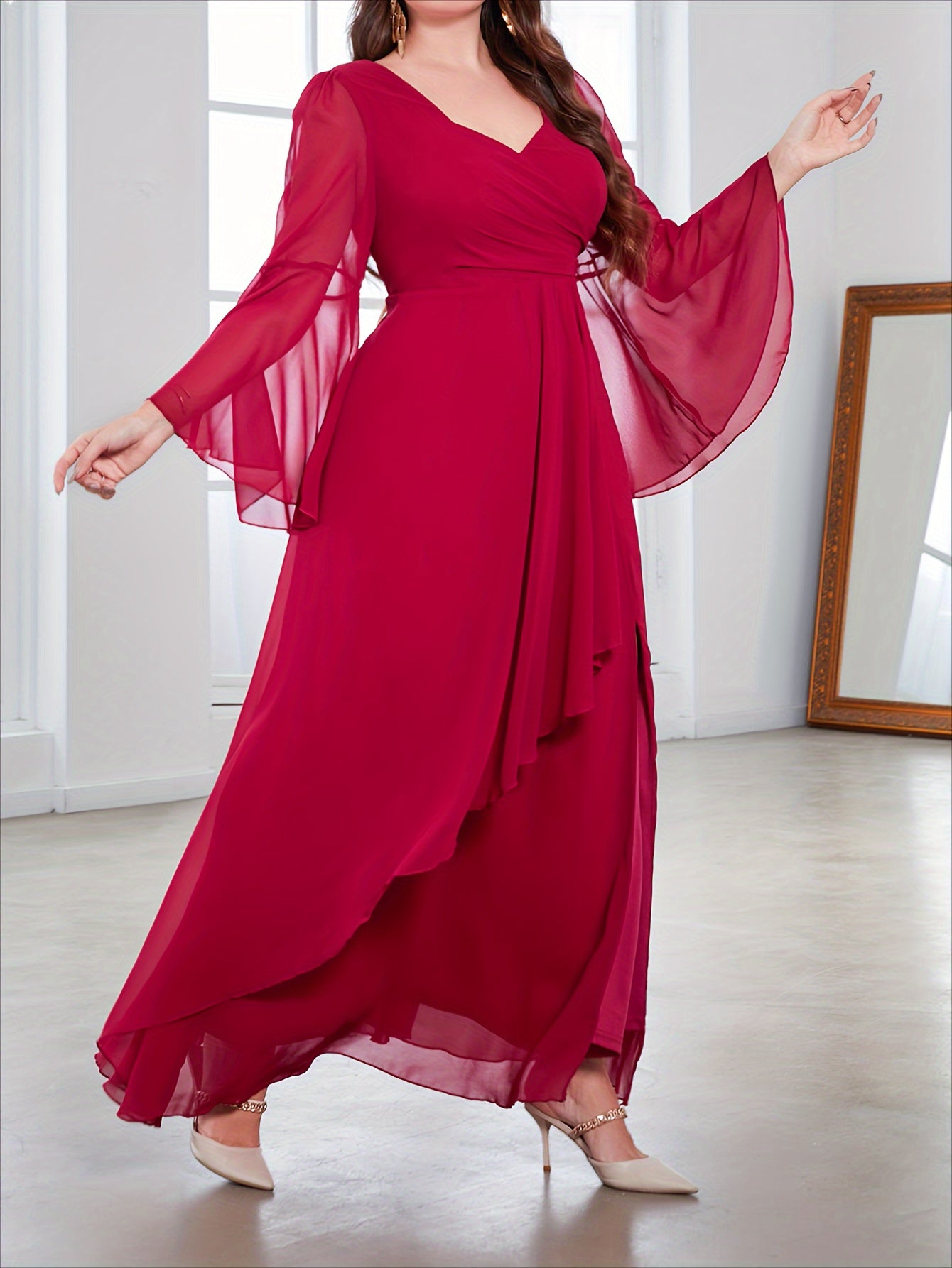 Plus Size Maxi Dress V-Neck High Slit Flared Sleeves Polyester