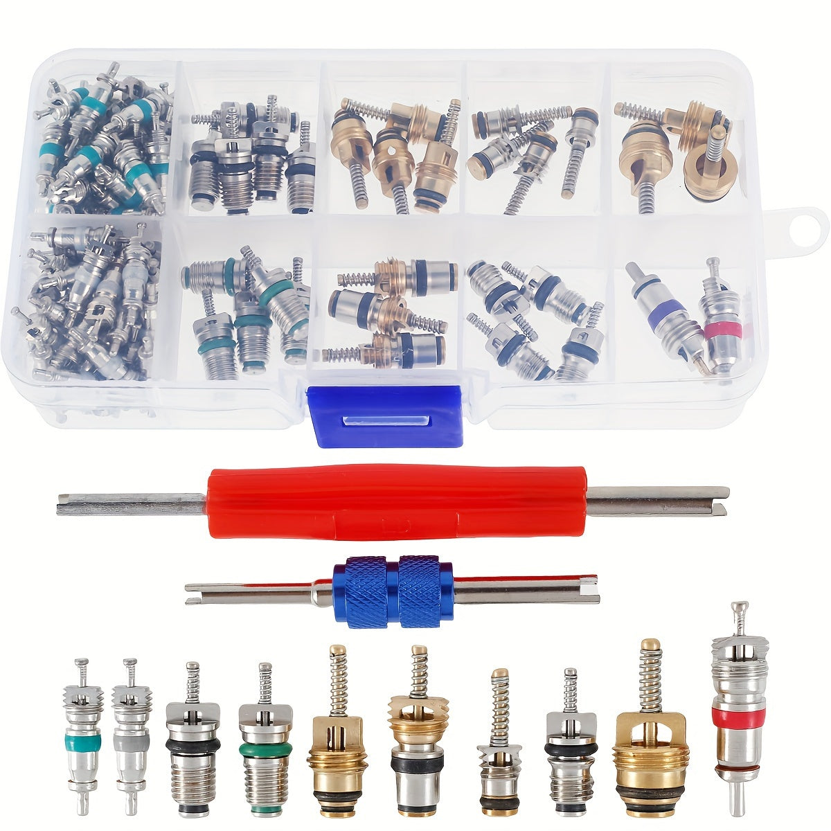 Set of 100 Air Conditioner Valve Cores with 2 Wrenches Replacement Tool
